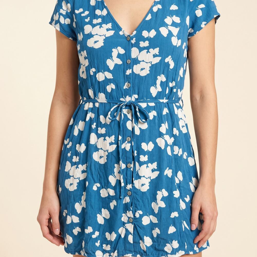 Lovestitch Women's Butterfly Print Dress V-Neck Button Front Boho Mini Small